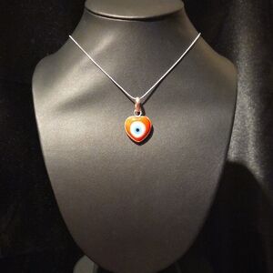 New Red Glass Heart Evil Eye 925 Silver Plated Pendent Necklace